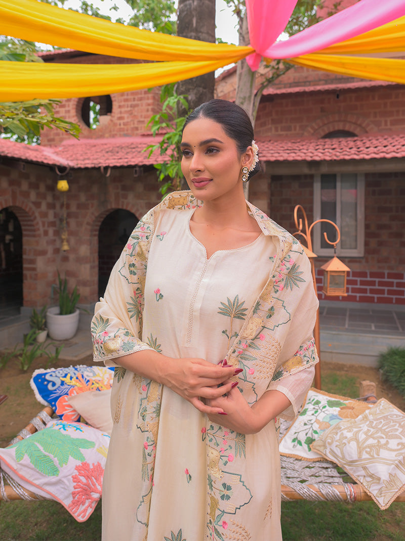 Anaya Pure Mul Chanderi Embroidered Kurta Set with Dupatta - Ivory White