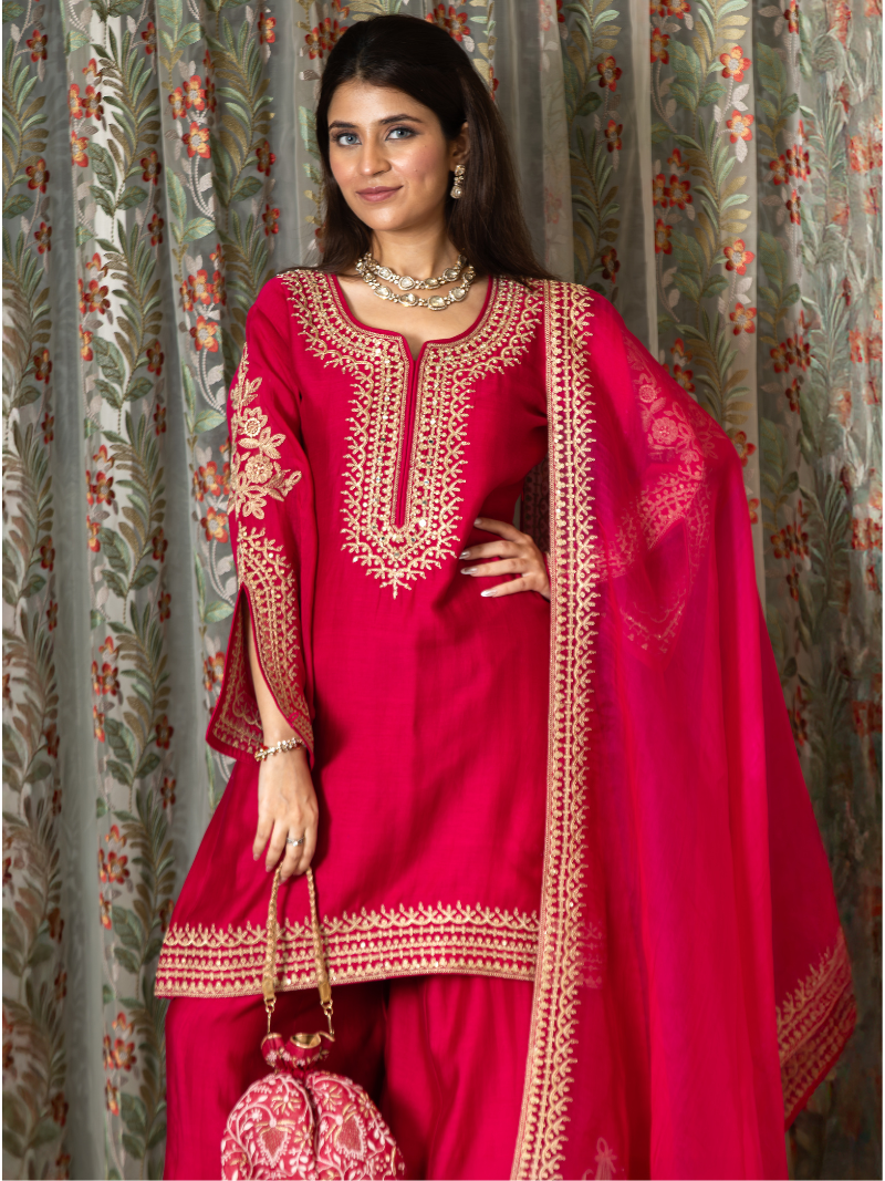 Adhira Mul Chanderi Dori Embroidered Sharara Set – Crimson Red