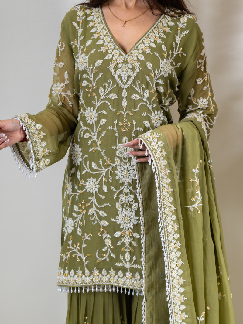 Aleya Pure Georgette Handworked Garara Set – Sage Green