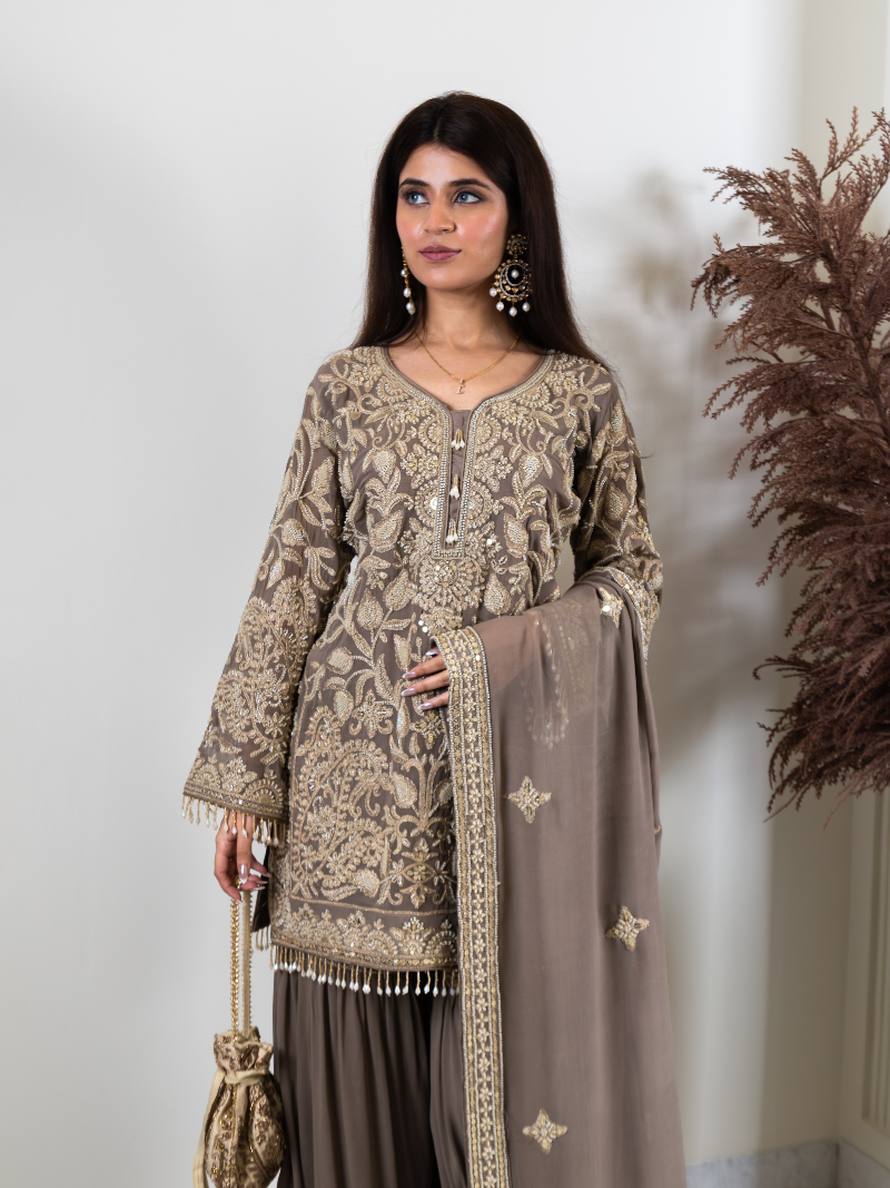 Saher Pure Georgette Handworked Garara Set – Taupe Beige