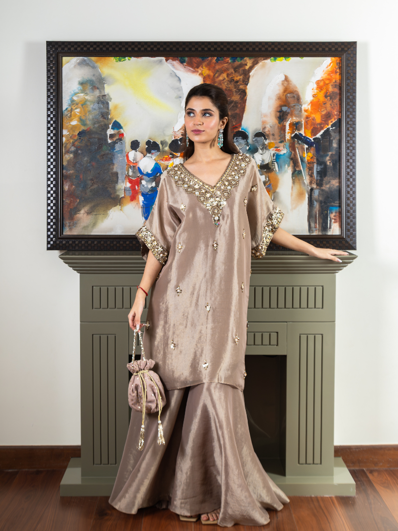 Inaaya Kanchipuram Silk Kaftan Sharara Set – Taupe Beige