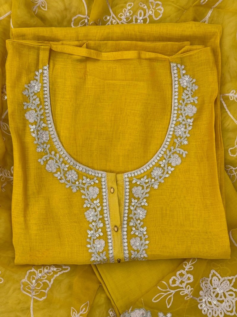 Aarna Pure Mul Chanderi Embroidered Kurta Set with Pure Organza Dupatta