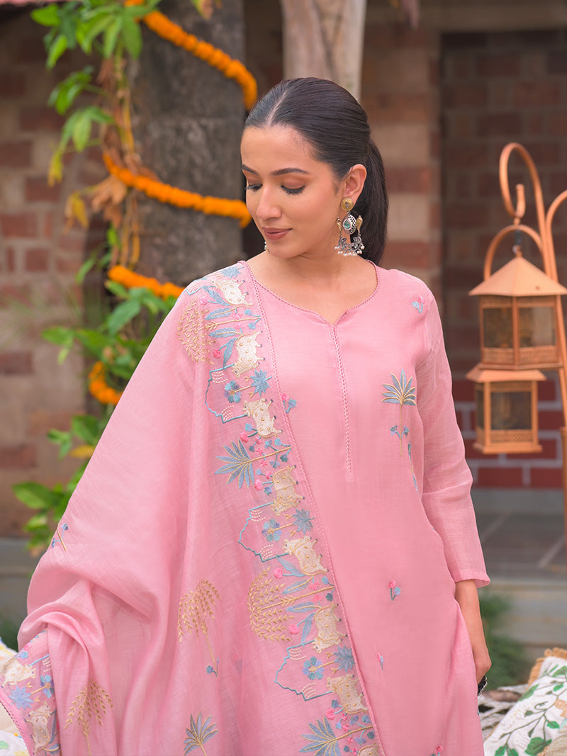 Anaya Pure Mul Chanderi Embroidered Kurta Set with Dupatta - Rose Pink