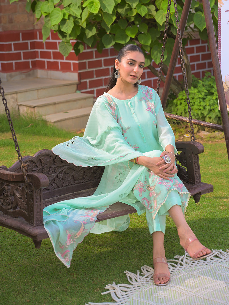 Aarvi Pure Mul Chanderi Embroidered Kurta Set with Dupatta - Aqua Blue