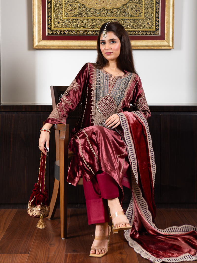 Fiza Velvet Embroidered Suit Set– Wine Red