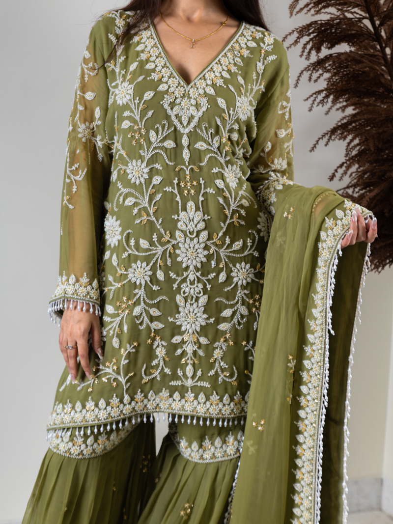 Aleya Pure Georgette Handworked Garara Set – Sage Green