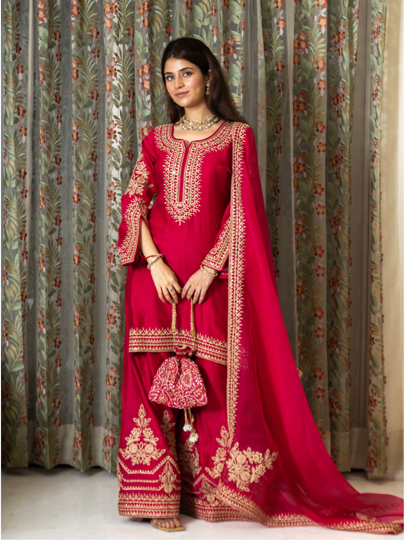 Adhira Mul Chanderi Dori Embroidered Sharara Set – Crimson Red