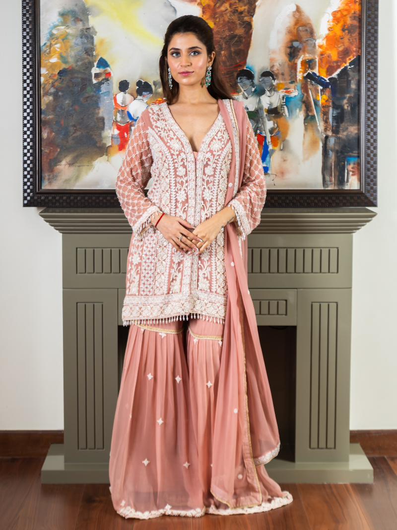 Reha Georgette Embroidered Garara Set – Peach Blush