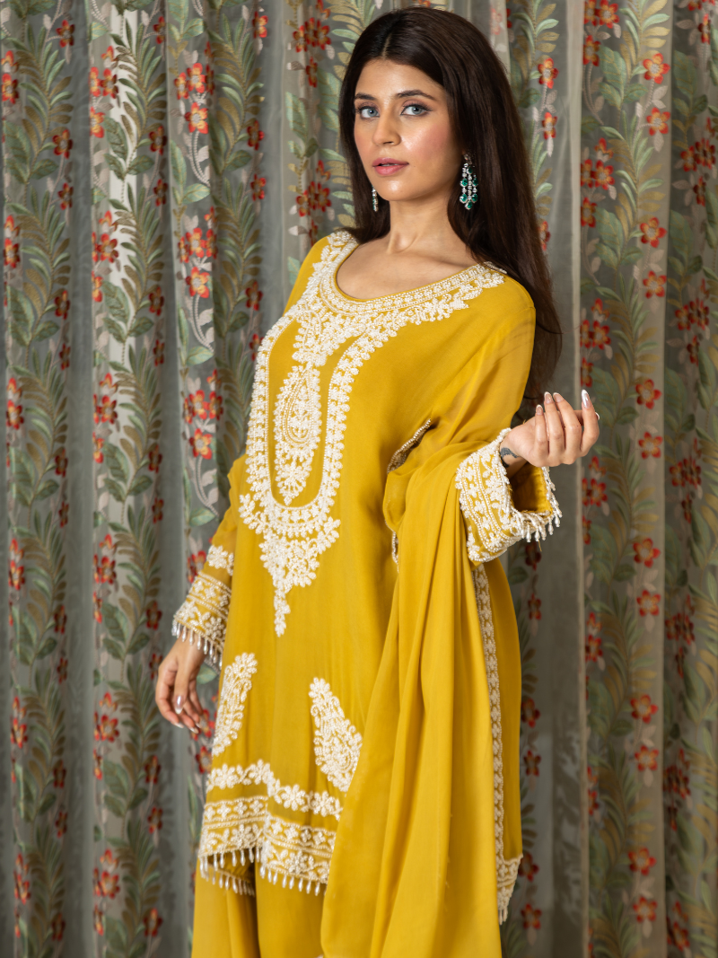 Nayira Georgette Embroidered Kurta Set – Sunset Mustard