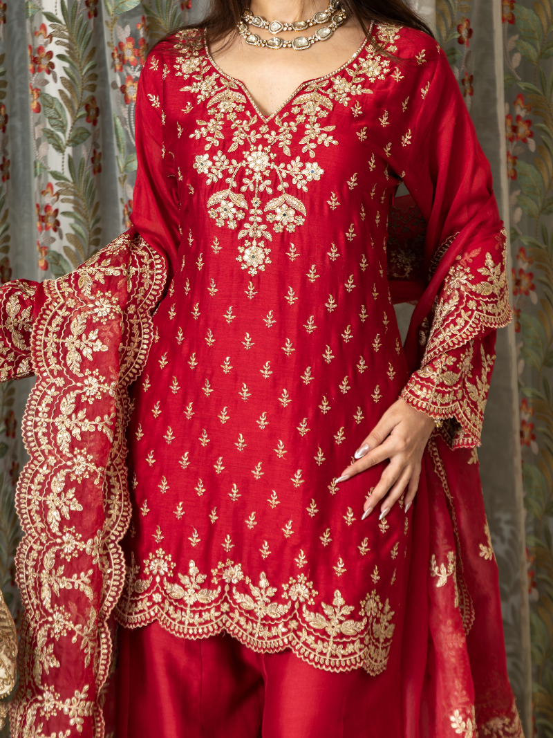 Aarini Mul Chanderi Dori Embroidered Sharara Set – Red