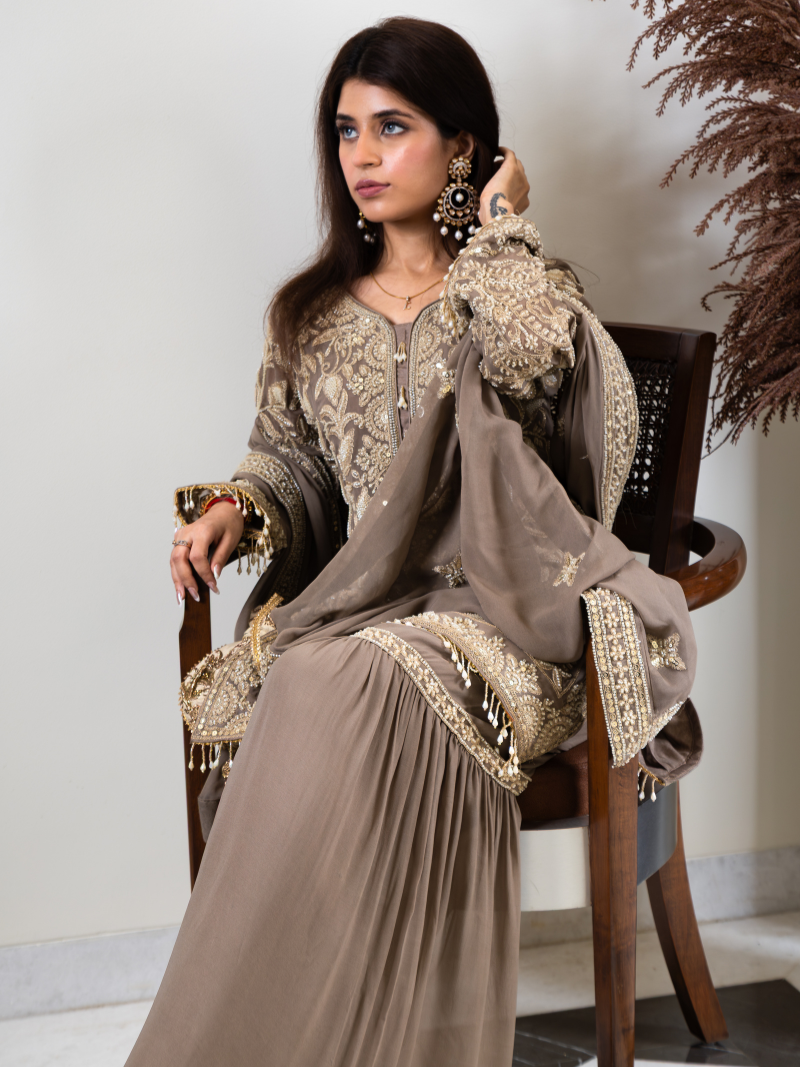 Saher Pure Georgette Handworked Garara Set – Taupe Beige