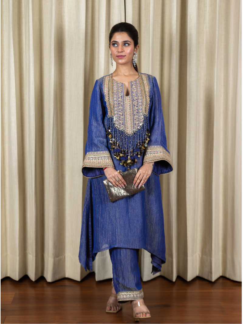 Nayra Royal Tissue Handwork Kurta Set – Sapphire Blue