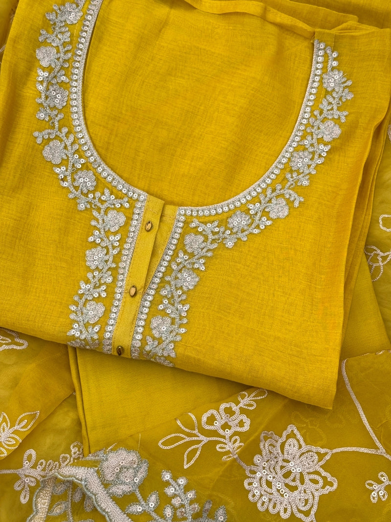 Aarna Pure Mul Chanderi Embroidered Kurta Set with Pure Organza Dupatta
