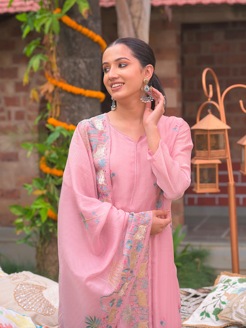 Anaya Pure Mul Chanderi Embroidered Kurta Set with Dupatta - Rose Pink