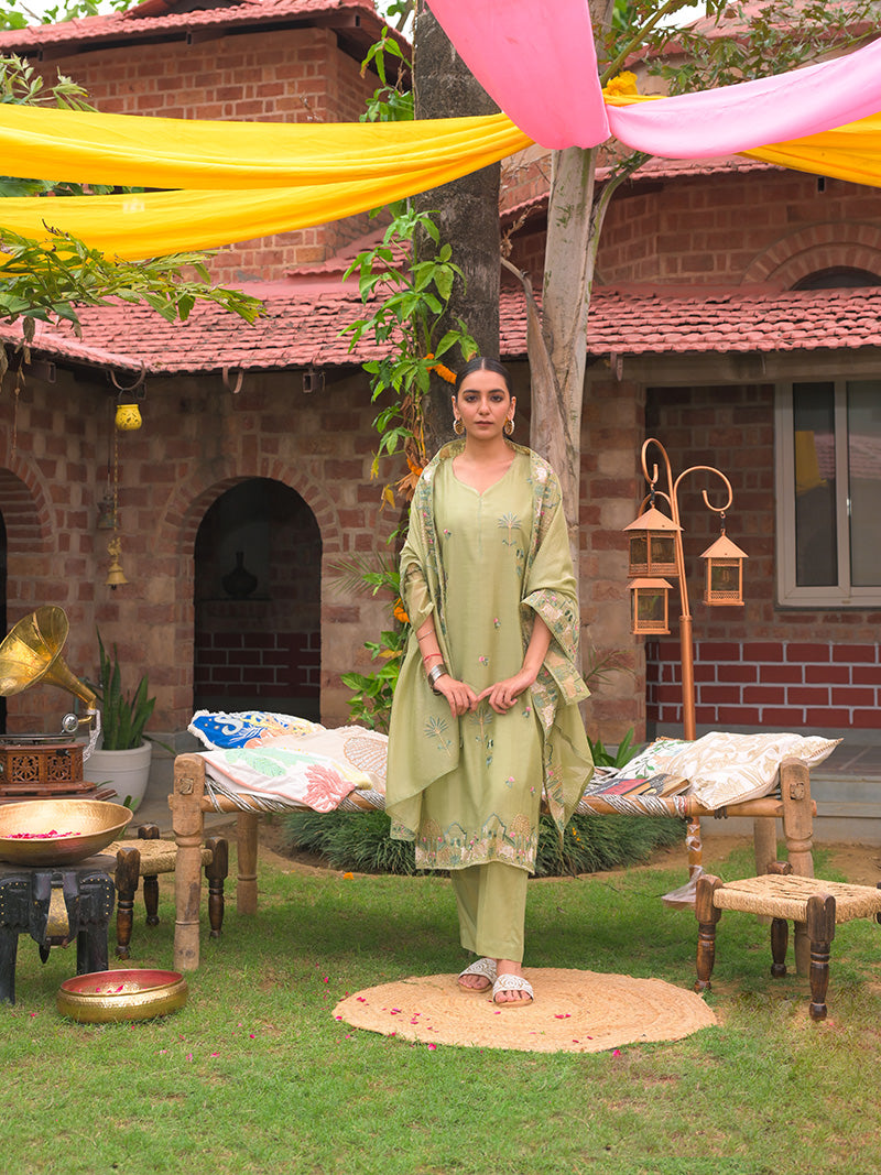 Anaya Pure Mul Chanderi Embroidered Kurta Set with Dupatta - Sage Green