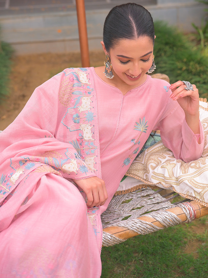Anaya Pure Mul Chanderi Embroidered Kurta Set with Dupatta - Rose Pink