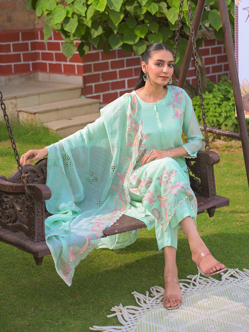 Aarvi Pure Mul Chanderi Embroidered Kurta Set with Dupatta - Aqua Blue