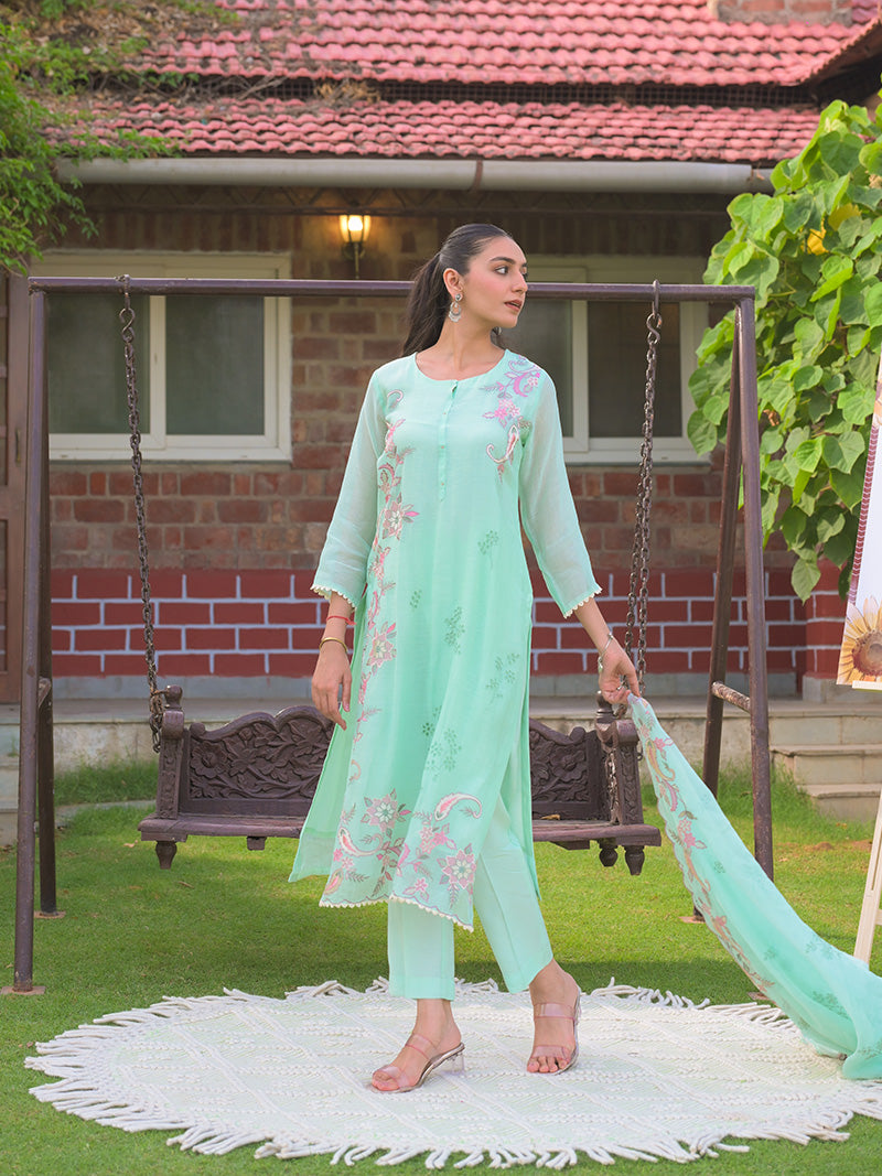 Aarvi Pure Mul Chanderi Embroidered Kurta Set with Dupatta - Aqua Blue