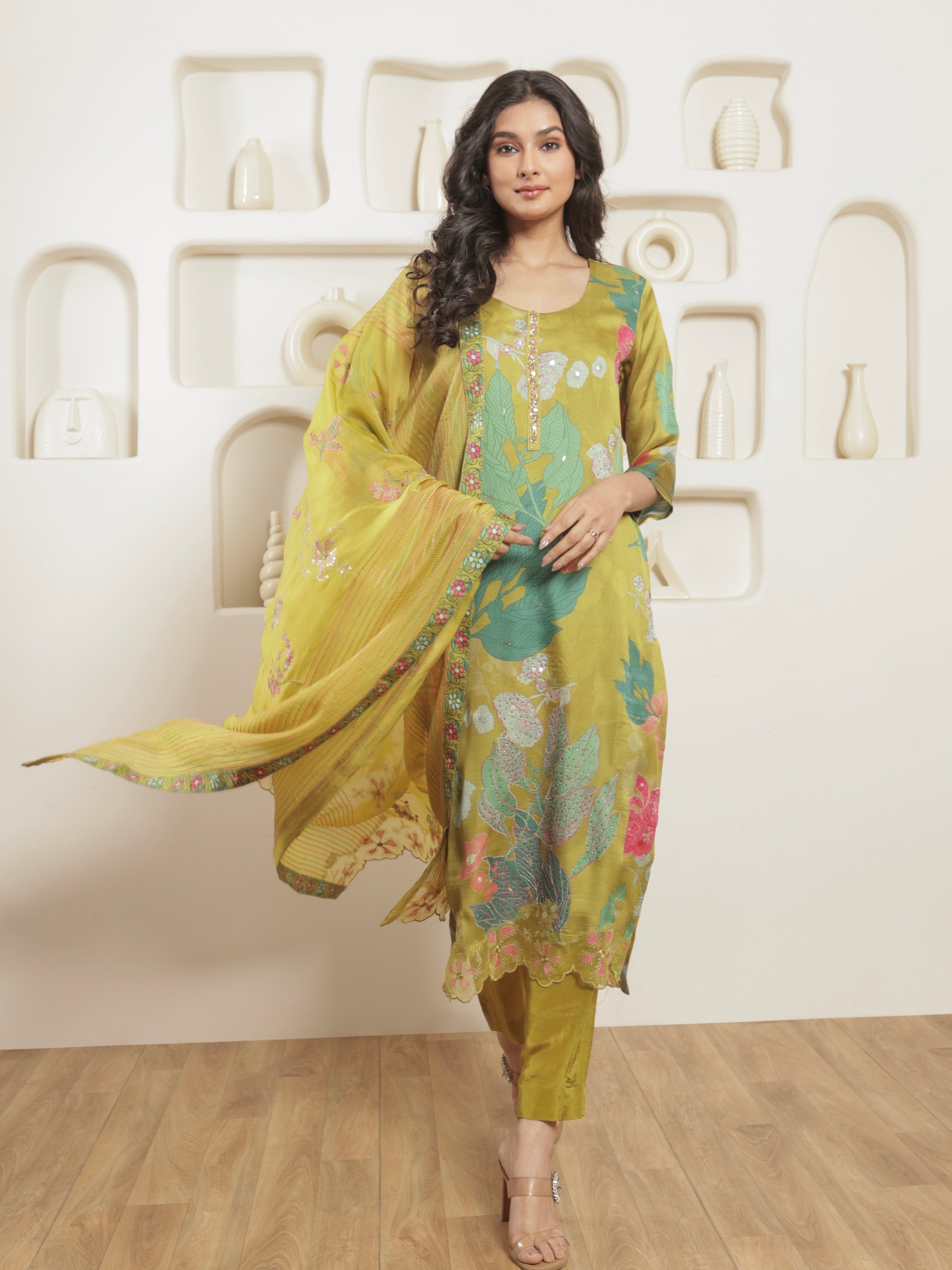 Mehr Pure Organza Satin Printed Kurta Set with Organza Dupatta - Olive Green