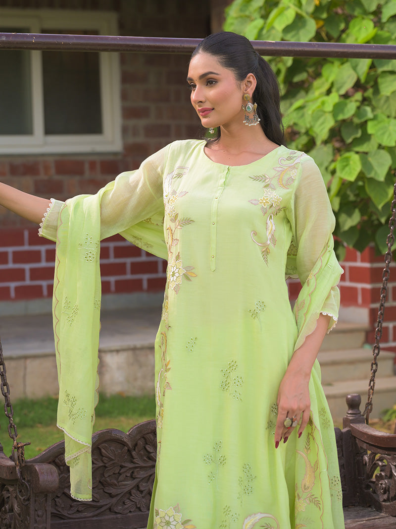 Aarvi Pure Mul Chanderi Embroidered Kurta Set with Dupatta - Sunlit Lime