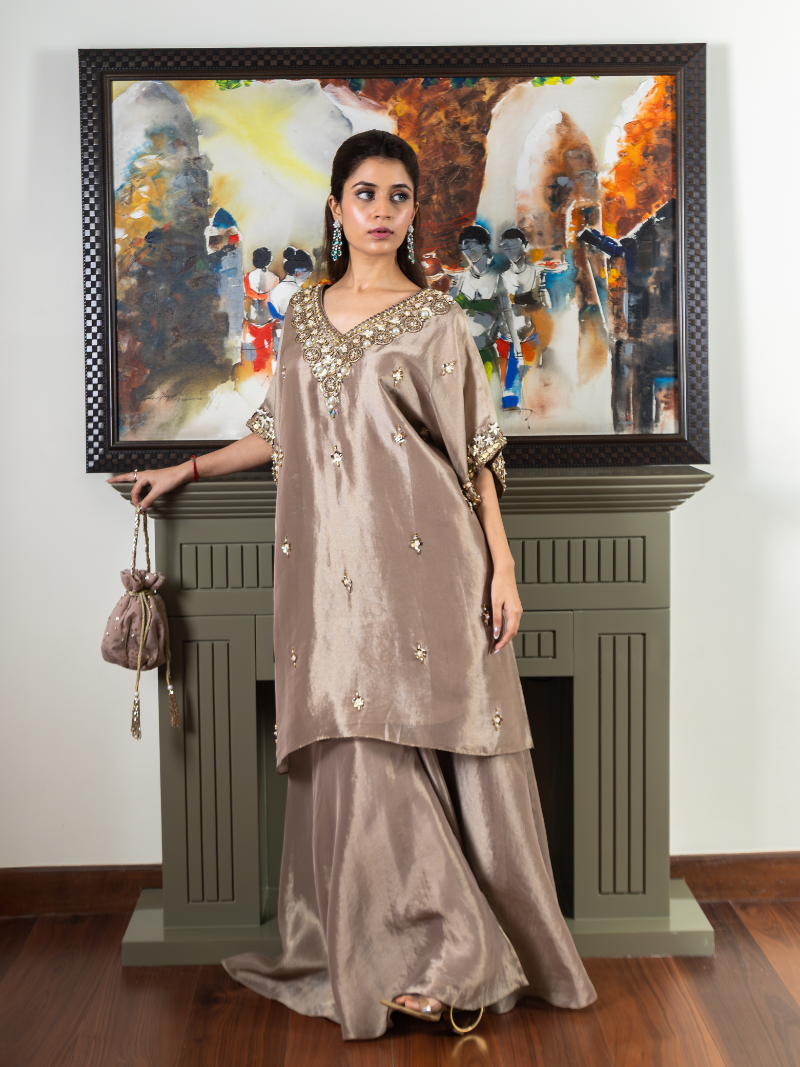 Inaaya Kanchipuram Silk Kaftan Sharara Set – Taupe Beige