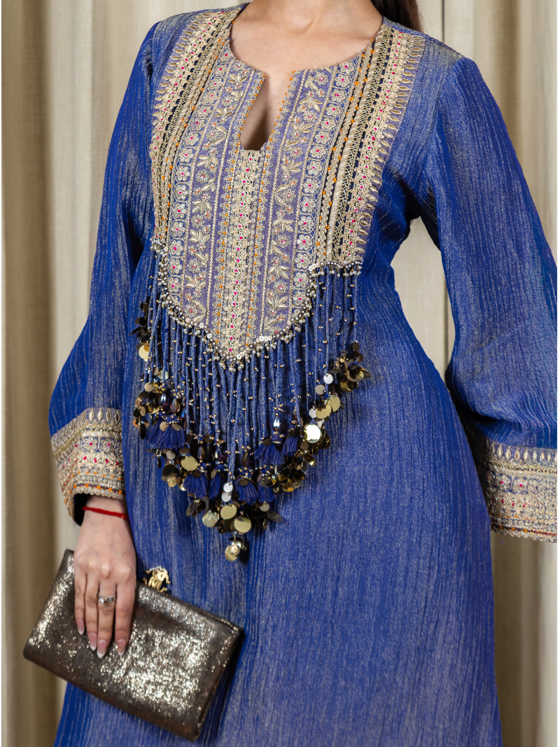Nayra Royal Tissue Handwork Kurta Set – Sapphire Blue