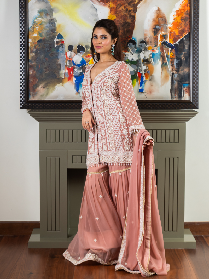 Reha Georgette Embroidered Garara Set – Peach Blush