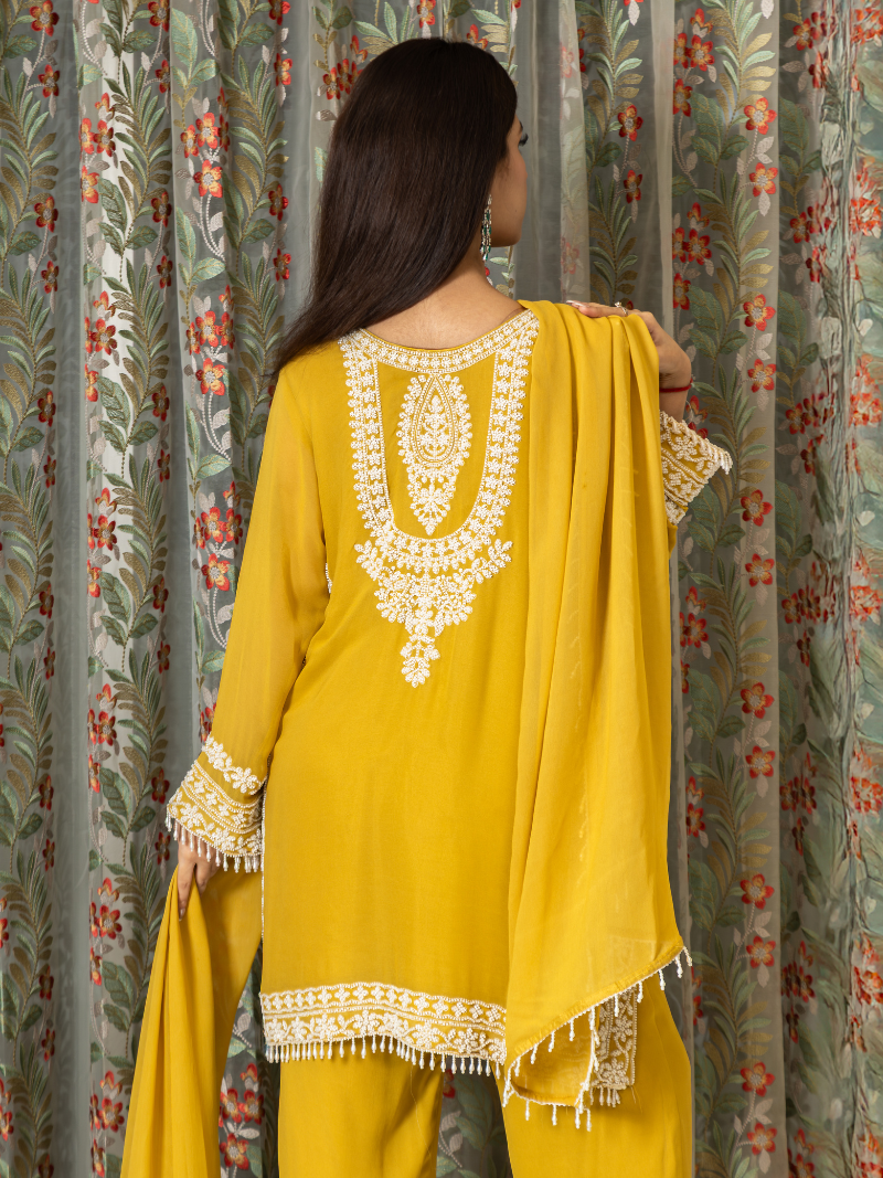 Nayira Georgette Embroidered Kurta Set – Sunset Mustard