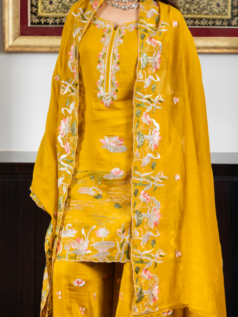 Noor Pure Mul Chanderi Embroidered Sharara Set – Sunflower Yellow