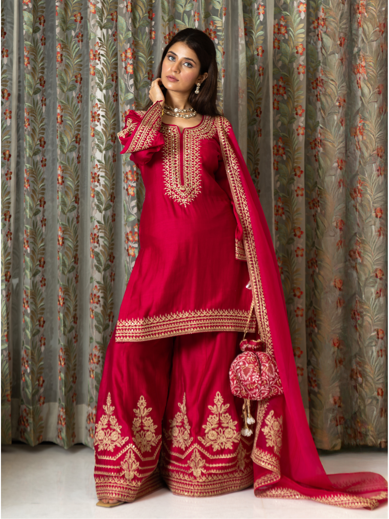Adhira Mul Chanderi Dori Embroidered Sharara Set – Crimson Red