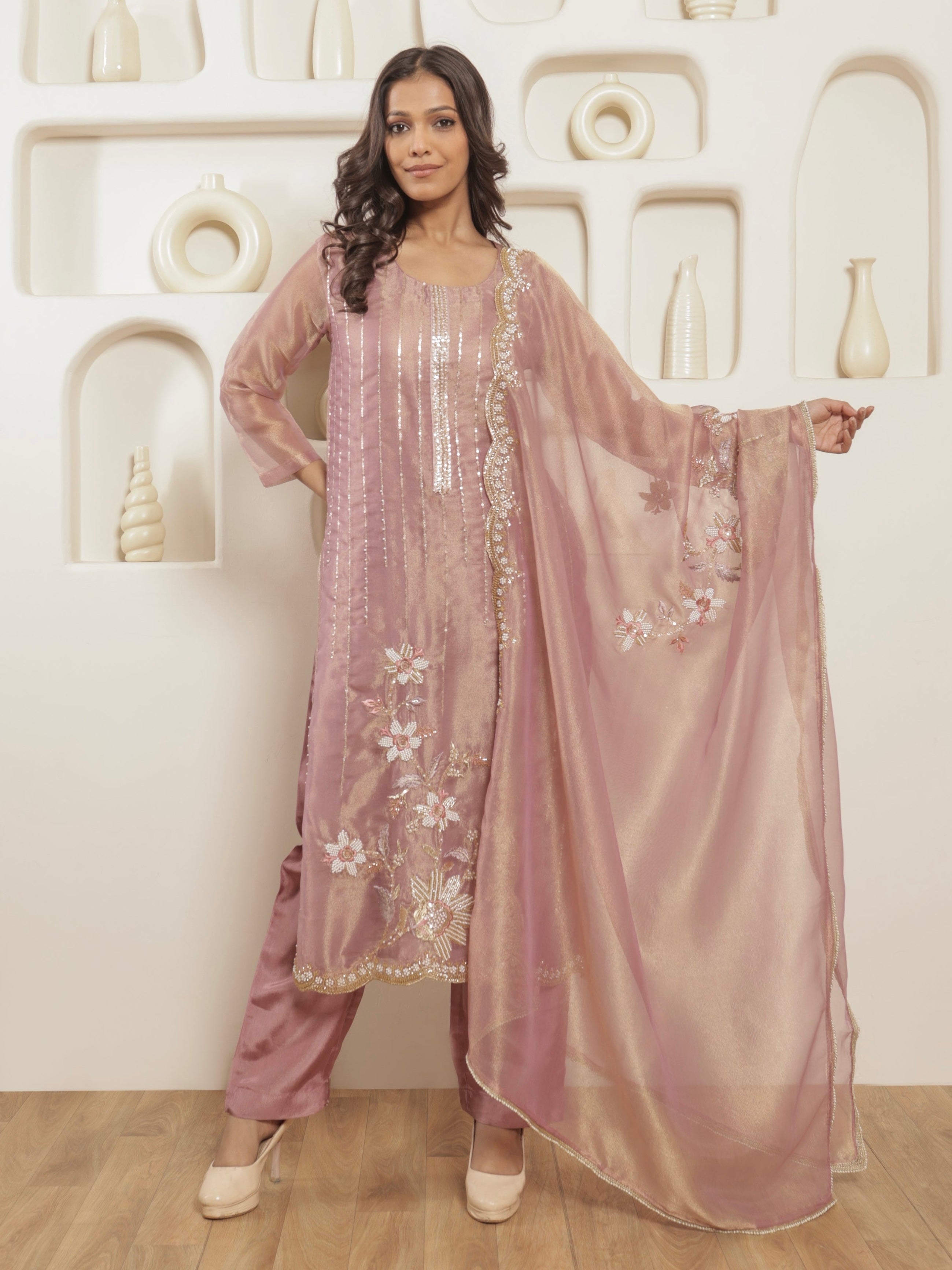 Alezia Tissue Embroidered Kurta Set with Dupatta - Blush Pink