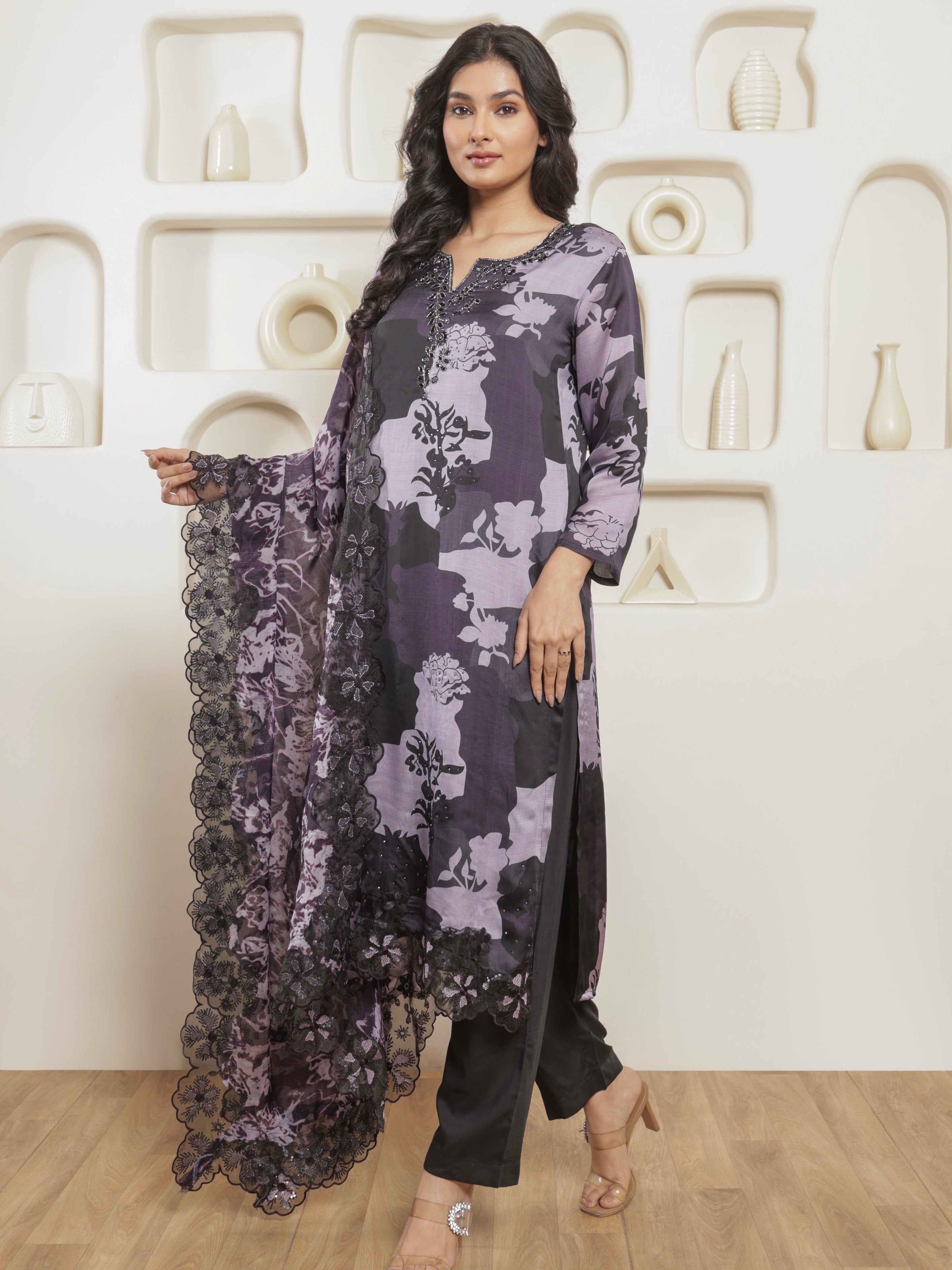 Zareen Pure Organza Satin Printed Kurta Set with Organza Dupatta - Purple & Black