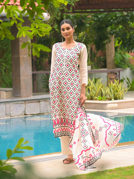 Aadya Pure Mul Chanderi Embroidered Kurta Set with Dupatta - Ivory Pink