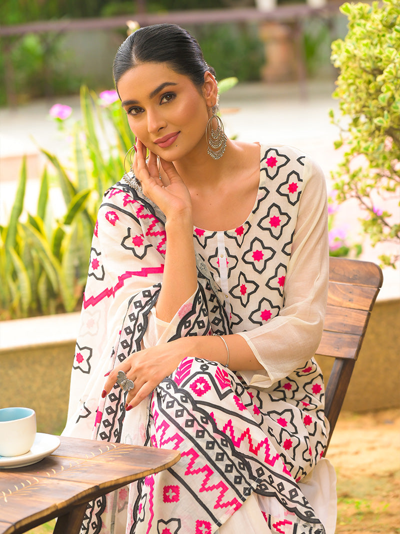 Aadya Pure Mul Chanderi Embroidered Kurta Set with Dupatta - Ivory Pink