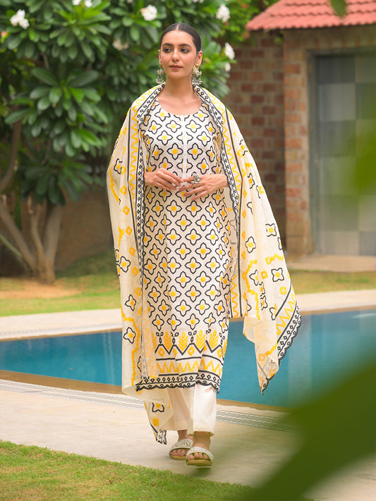 Aadya Pure Mul Chanderi Embroidered Kurta Set with Dupatta - Ivory Yellow