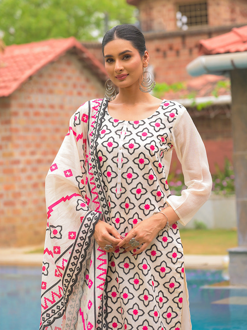 Aadya Pure Mul Chanderi Embroidered Kurta Set with Dupatta - Ivory Pink