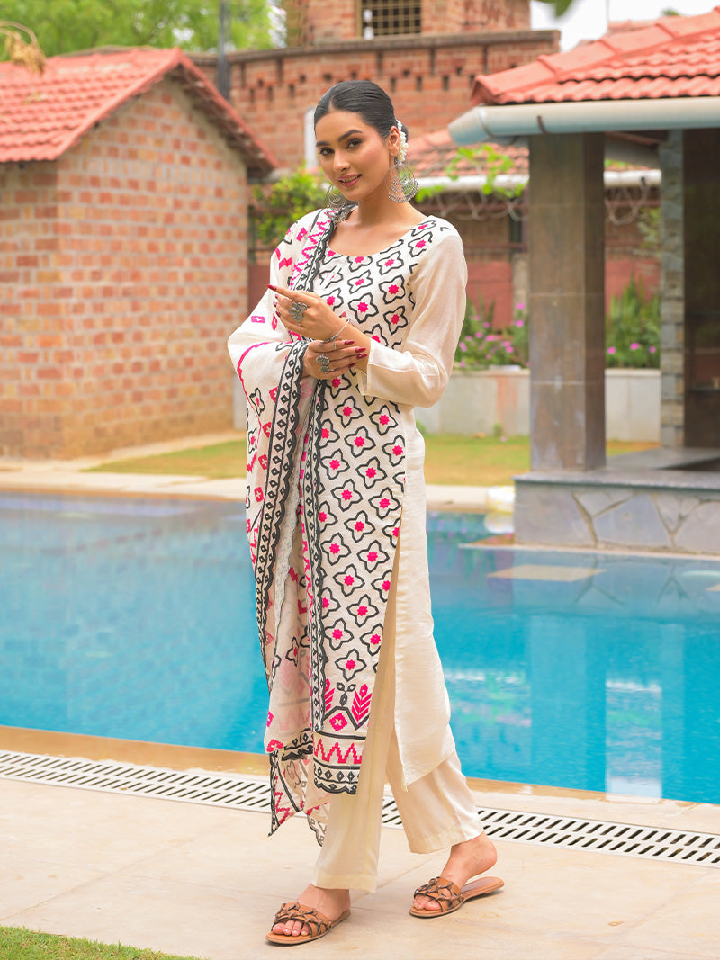 Aadya Pure Mul Chanderi Embroidered Kurta Set with Dupatta - Ivory Pink
