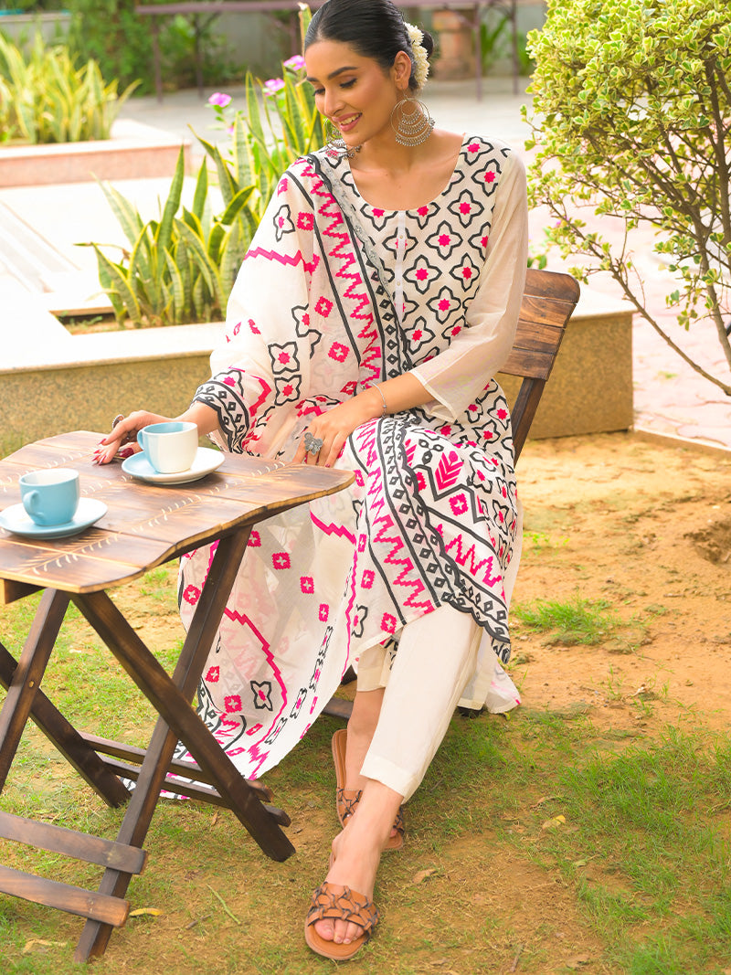 Aadya Pure Mul Chanderi Embroidered Kurta Set with Dupatta - Ivory Pink