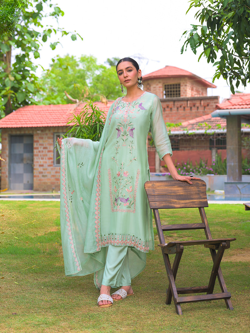 Aahana Pure Mul Chanderi Embroidered Kurta Set with Dupatta