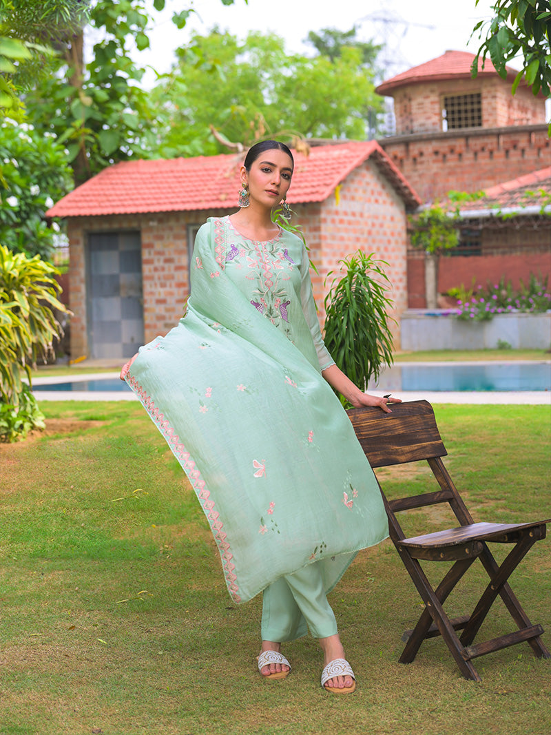 Aahana Pure Mul Chanderi Embroidered Kurta Set with Dupatta