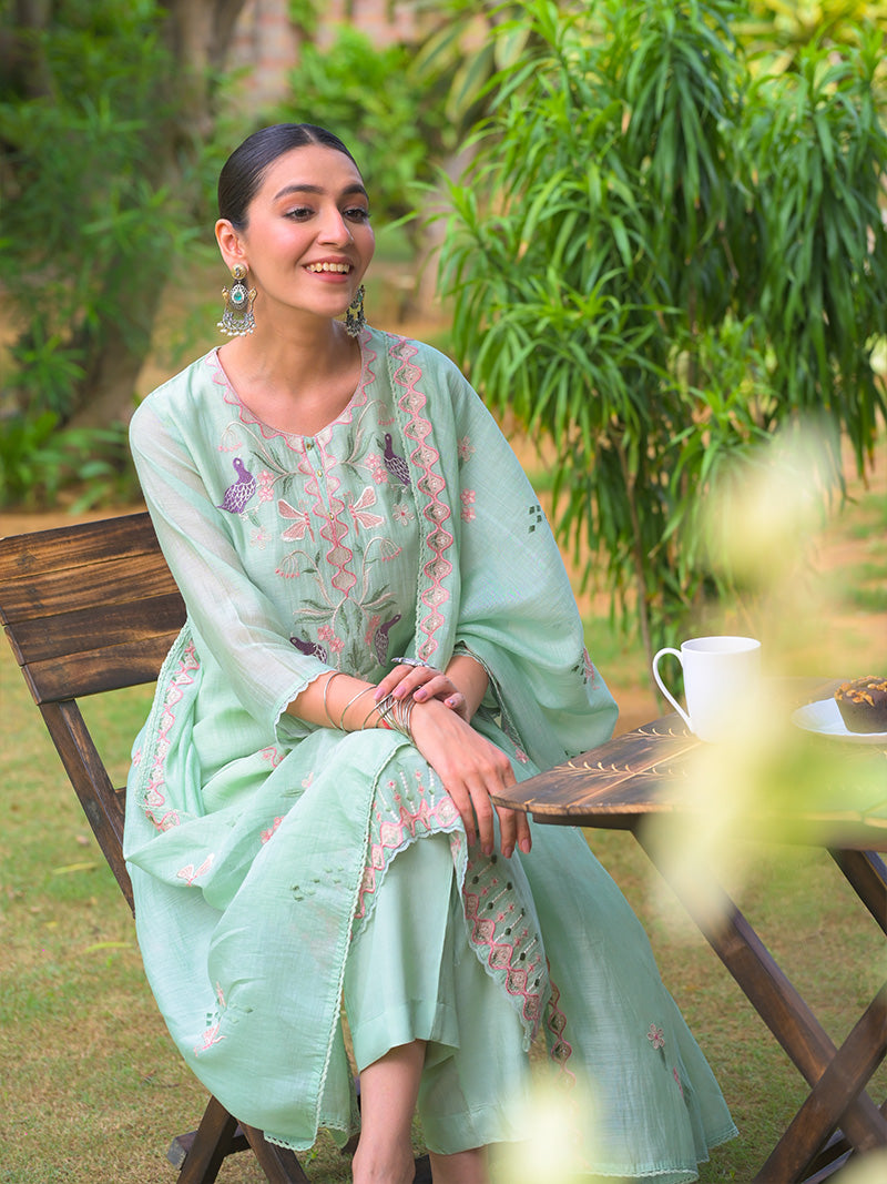 Aahana Pure Mul Chanderi Embroidered Kurta Set with Dupatta