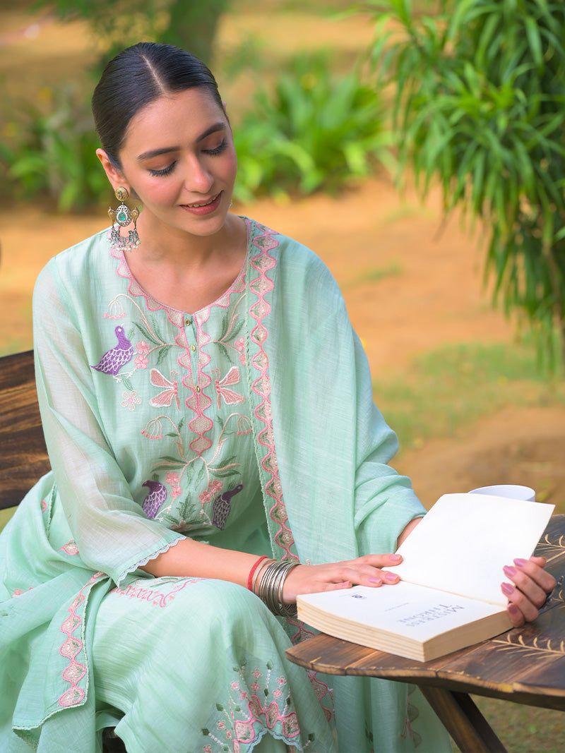 Aahana Pure Mul Chanderi Embroidered Kurta Set with Dupatta