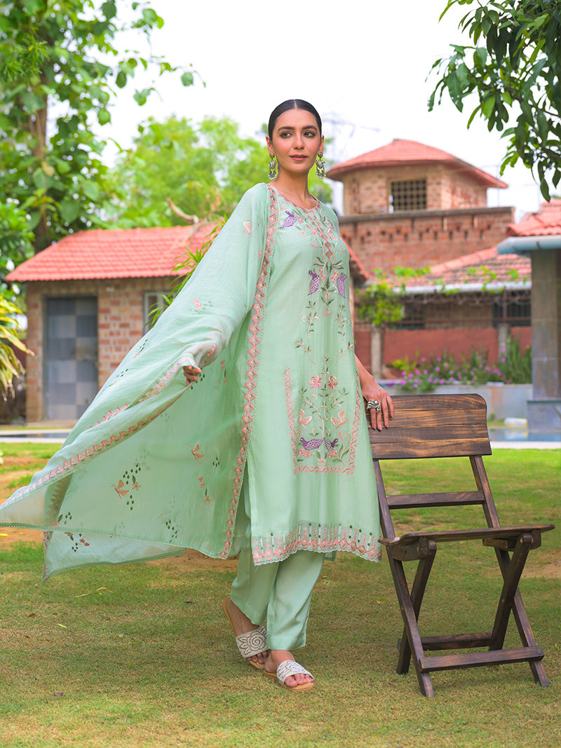 Aahana Pure Mul Chanderi Embroidered Kurta Set with Dupatta