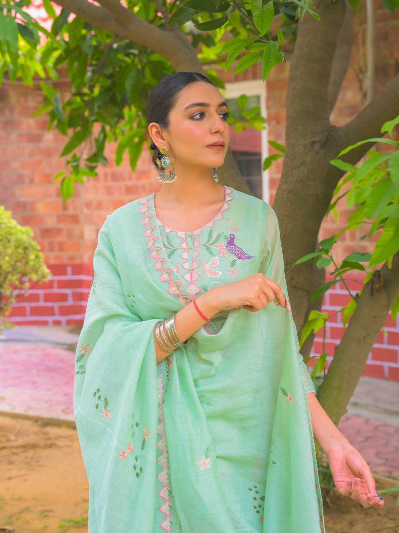 Aahana Pure Mul Chanderi Embroidered Kurta Set with Dupatta