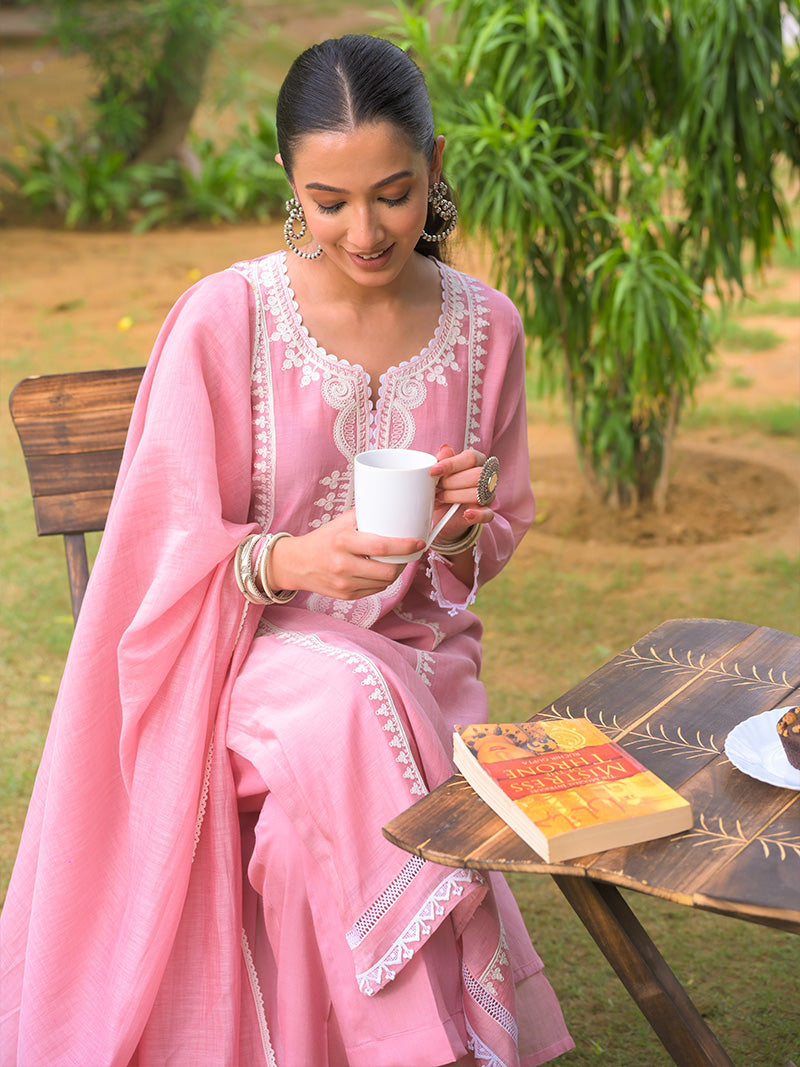 Aarohi Pure Mul Chanderi Embroidered Kurta Set with Dupatta - Blush Pink