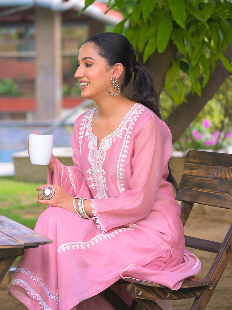 Aarohi Pure Mul Chanderi Embroidered Kurta Set with Dupatta - Blush Pink