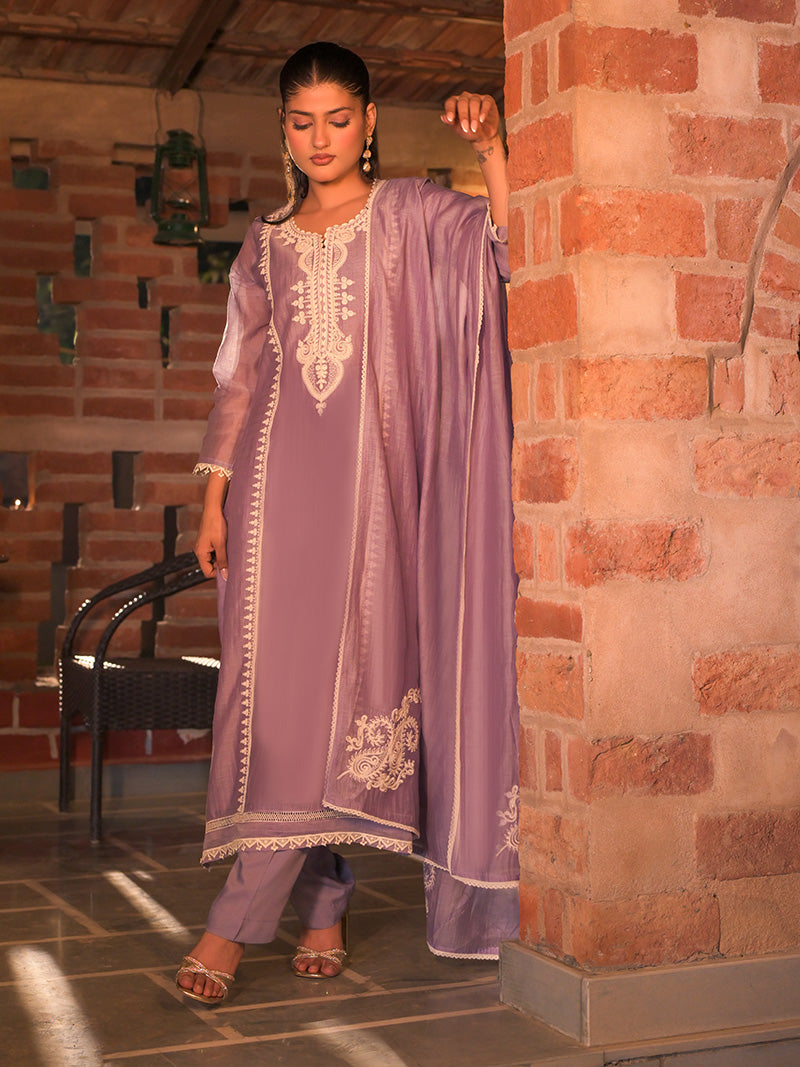 Aarohi Pure Mul Chanderi Embroidered Kurta Set with Dupatta - Lavender