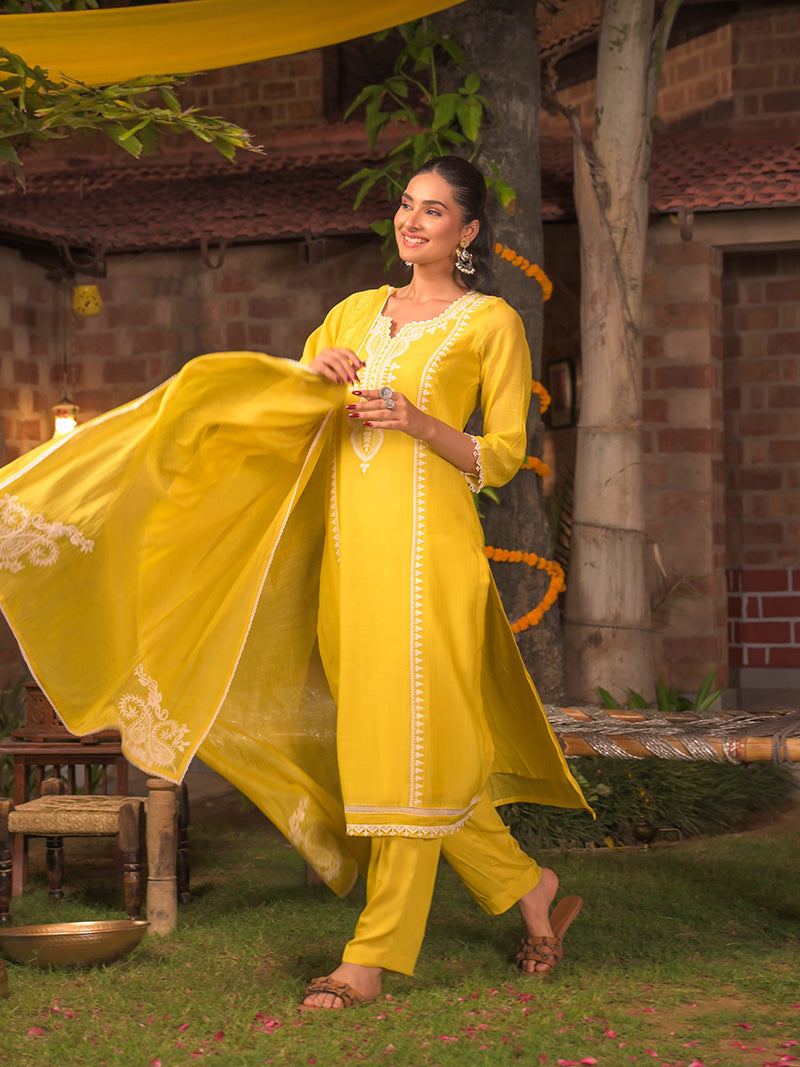 Aarohi Pure Mul Chanderi Embroidered Kurta Set with Dupatta - Sunflower Yellow
