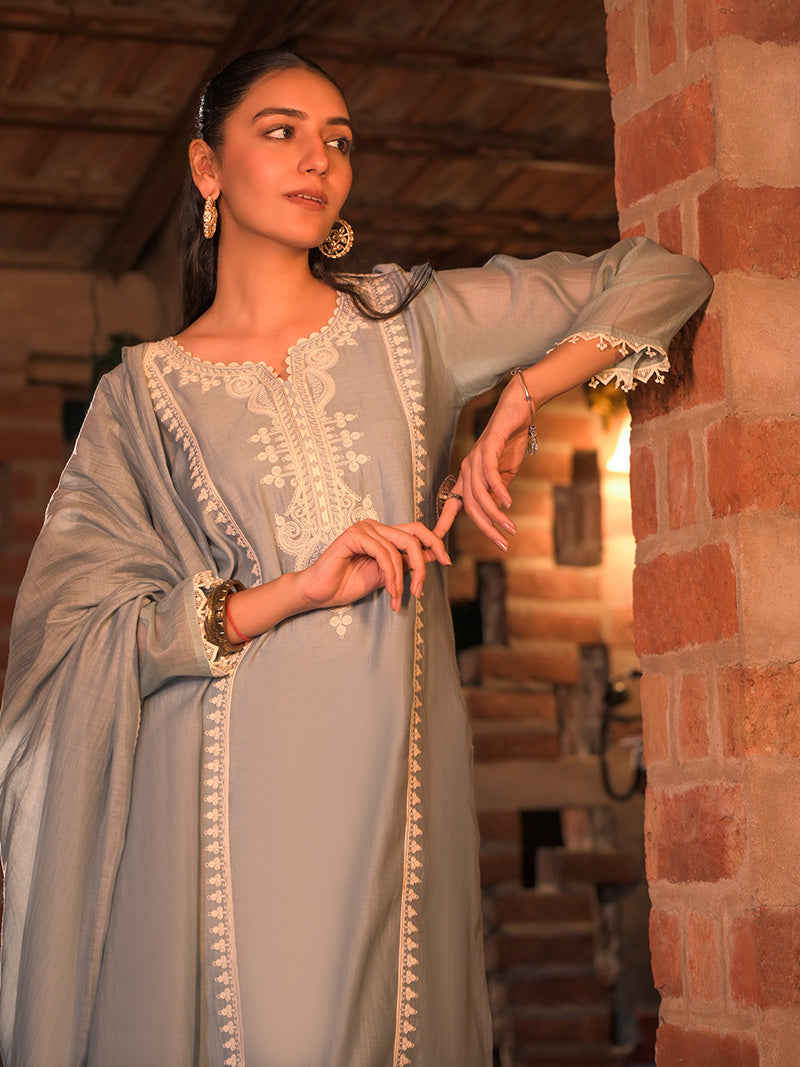 Aarohi Pure Mul Chanderi Embroidered Kurta Set with Dupatta - Powder Blue