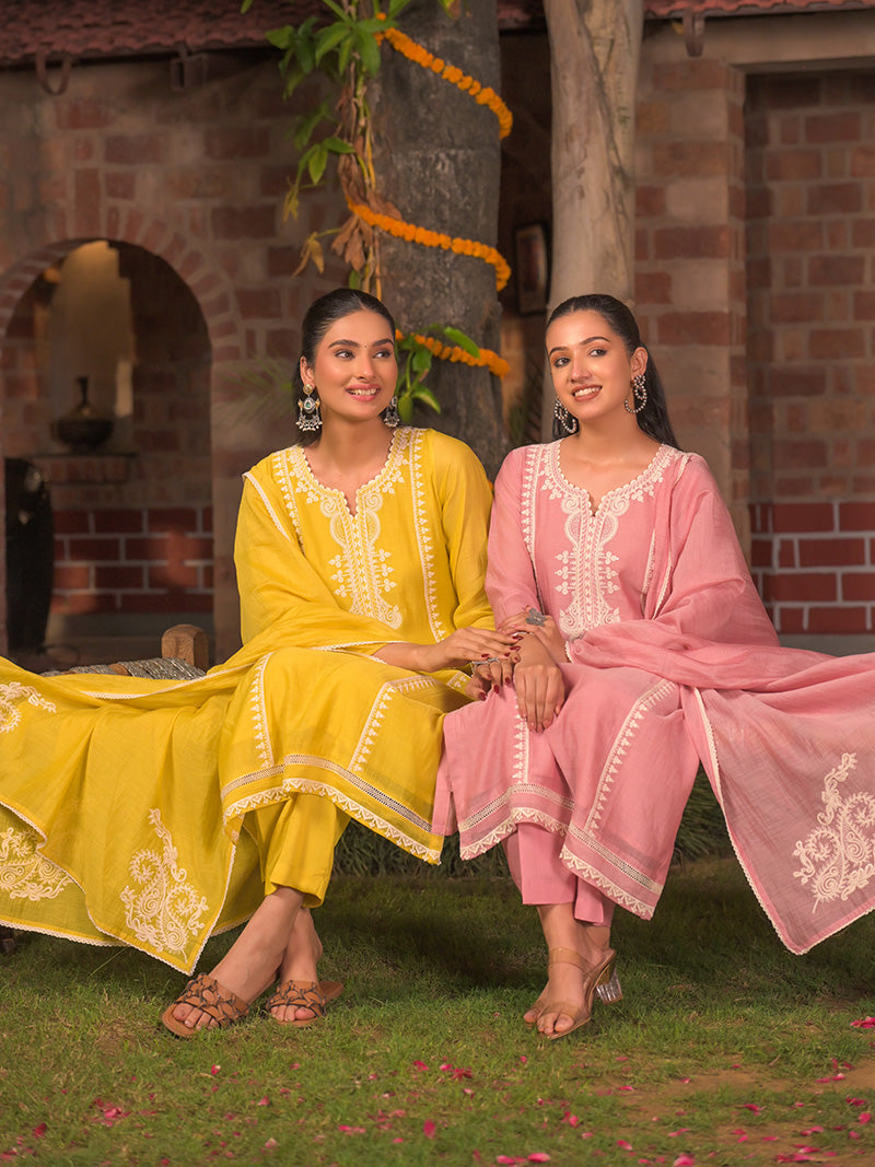 Aarohi Pure Mul Chanderi Embroidered Kurta Set with Dupatta - Blush Pink